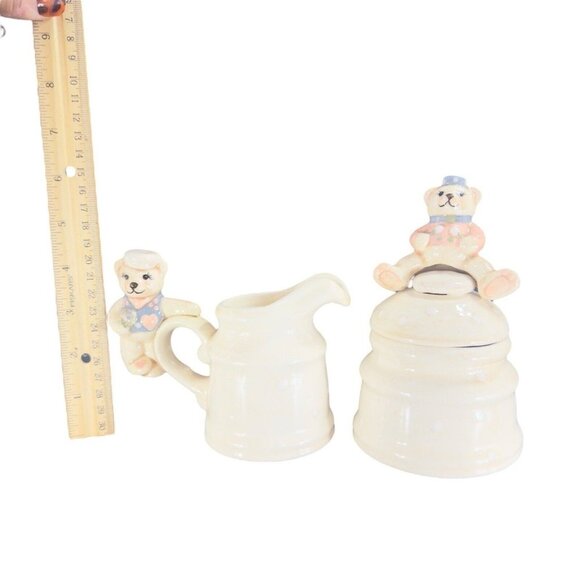 1980s Ceramic Sugar And Creamer Set 2 With Cute Whimsical Teddy Bear On Top - Picture 6 of 15